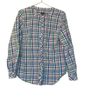 Talbots plaid ruffle front linen blend long sleeved top size large